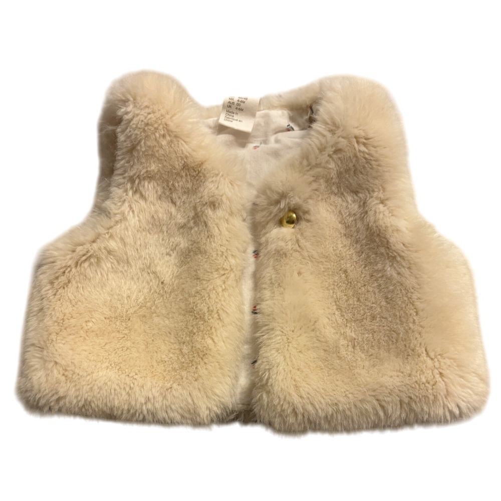 H&M Faux Fur Vest Sleeveless Button Up Cream Beige Girl's Size 4-6M‎ EUC cute